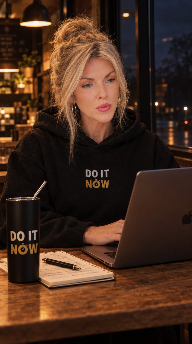 Natalie working on her laptop in a Do It Now hoodie